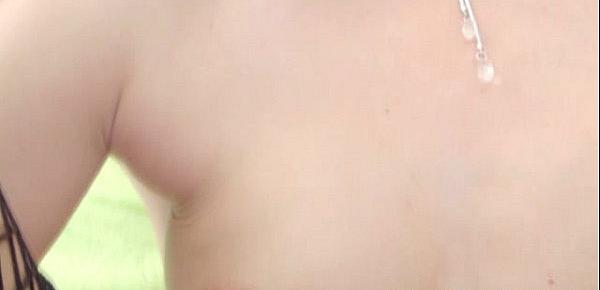  Vulva rubbing babe handles massive dildo
